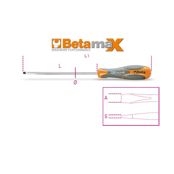 Beta Tools Slotted Head Screwdriver, 2.5mm x 75mm 12900006